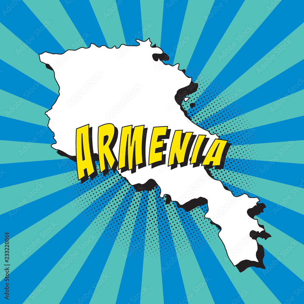 Poster map of armenia in retro pop art style with radial lines and halftone dots. vector illustration easy 