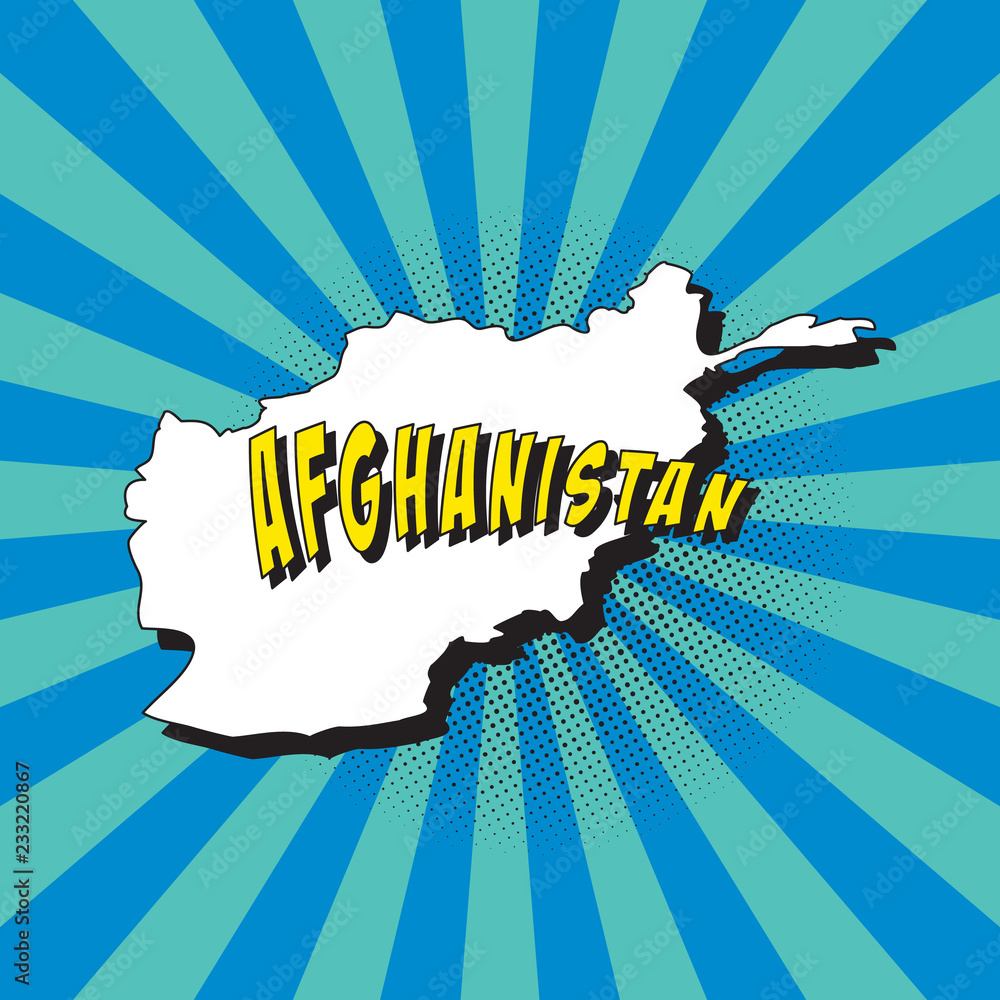 Poster map of afghanistan in retro pop art style with radial lines and halftone dots. vector illustration e