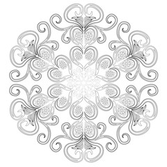 Fototapeta premium Black and white circle flower ornament, ornamental round lace design. Floral mandala. Hand drawn ink pattern made by trace from personal sketch.