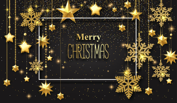 Merry Christmas and Happy New Year poster with golden shiny stars and snowflakes.
