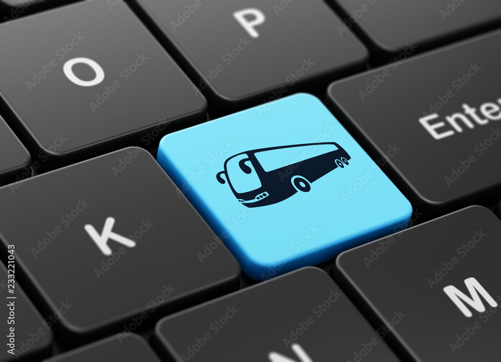 Fototapete vacation concept: computer keyboard with bus icon on enter button background, 3d rendering