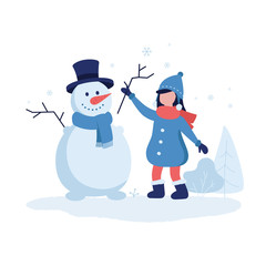 Cute girl making a snowman vector illustration in flat design. Winter background with trees, bushes and flying snowflakes for creating banner, postcards and web graphics. Cheerful cartoon characters.