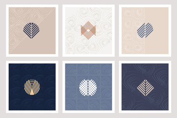 Set of six elegant geometric logo shapes in abstract forms isolated on cards with subtle patterns
