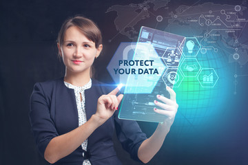 The concept of business, technology, the Internet and the network. A young entrepreneur working on a virtual screen of the future and sees the inscription: Protect your data