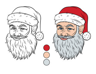 Vector Christmas illustration isolated from white background. Santa Claus head with color palette for coloring. Smiling Santa Claus face with contour stroke. Elements for coloring with color swatches