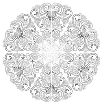 Black and white circle flower ornament, ornamental round lace design. Floral mandala. Hand drawn ink pattern made by trace from personal sketch.