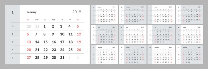 Calendar for 2019 year with numbers of days of weeks. Eps 10