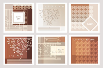 A set of fall inspired card templates in Art Deco style with golden patterns and elegant line illustrations of leaves and plants