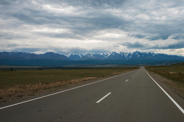 Empty route in Altai mountains on snowly peaks of North-Chui ridge of Altai mountains