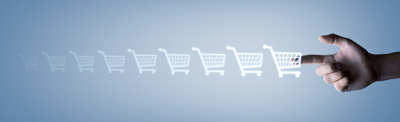  Male hand pressing shopping cart icon. Concept of shopping