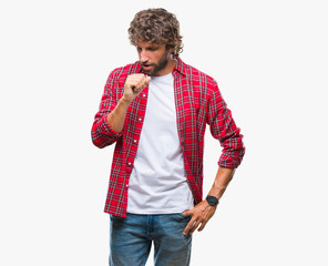 Handsome hispanic model man over isolated background feeling unwell and coughing as symptom for...