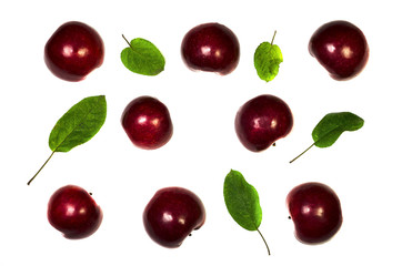 red ripe apples and leaves on a white background