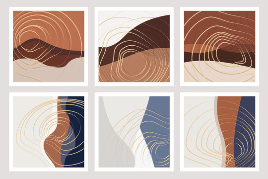 Beautiful fall inspired art nouveau backgrounds in blue, warm brown and white color combinations with golden fluid lines