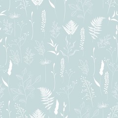 Seamless pattern of fern, different tree, foliage natural branches, green leaves, herbs. White silhouette on blue background. 