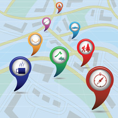 Set of tourism service map pointers on map