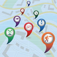 Set of tourism service map pointers on map