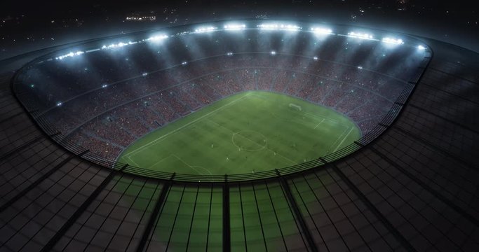 4k footage of a soccer stadium with ongoing game at night. The stadium was made in 3d without using existing references. 