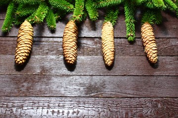 Fichtenzapfen auf braunem Holzhintergrund