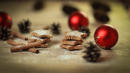 Christmas table. blurred image homemade cookies on wooden backg