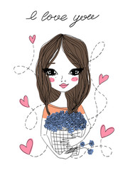 vector cute fashion illustration with a beautiful brunette girl holding a basket full of blue flowers, 'I love you' lettering and pink hearts for saint valentine's holiday and greeting cards.