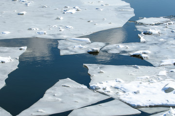 Background image of crushed ice and ice floes on the river surface