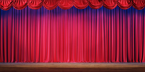 Interior of the theater with red velvet curtains. 