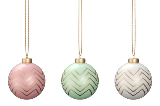 3D rendering of zigzag patterned christmas ball set in pastel colors hanging isolated on white background