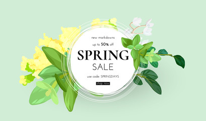 Floral spring design with white and yellow flowers, green leaves, eucaliptus and succulents. Round shpe with spase for text. Banner or flyer template, vector illustration.