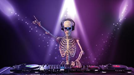 DJ Bones, human skeleton playing music on turntables, skeleton with disc jockey sound equipment, close up view, 3D rendering