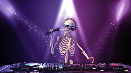 DJ Bones, human skeleton with microphone playing music on turntables, skeleton with disc jockey audio equipment, front view, 3D rendering - 233231475