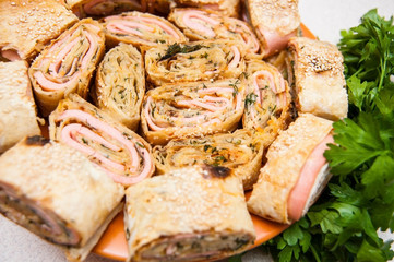Tasty snacks for the whole family of lavash and sausage and cheese