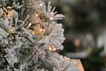 Closeup of artificial pine with Christmas lights, space for copy