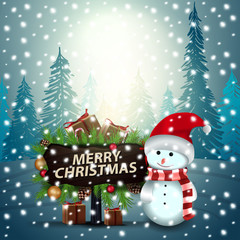 Merry Christmas. Wooden plate with a Christmas tree and gifts 