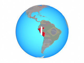 Peru with national flag on blue political globe. 3D illustration isolated on white background.