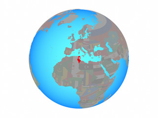 Tunisia with national flag on blue political globe. 3D illustration isolated on white background.