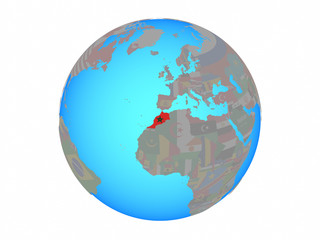 Morocco with national flag on blue political globe. 3D illustration isolated on white background.