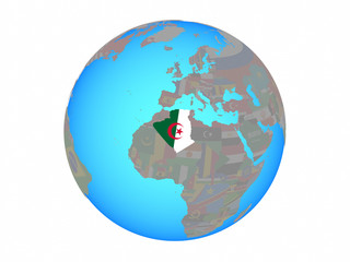 Algeria with national flag on blue political globe. 3D illustration isolated on white background.