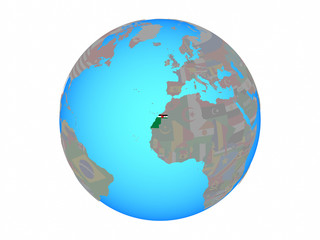 Western Sahara with national flag on blue political globe. 3D illustration isolated on white background.