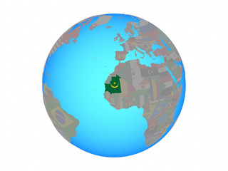 Mauritania with national flag on blue political globe. 3D illustration isolated on white background.