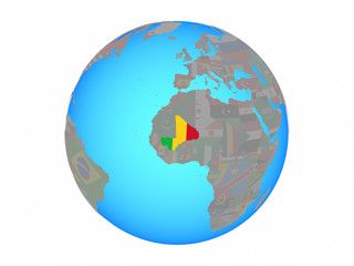 Mali with national flag on blue political globe. 3D illustration isolated on white background.