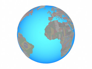 Gambia with national flag on blue political globe. 3D illustration isolated on white background.