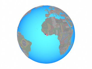 Liberia with national flag on blue political globe. 3D illustration isolated on white background.