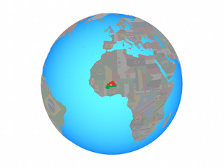 Burkina Faso with national flag on blue political globe. 3D illustration isolated on white background.