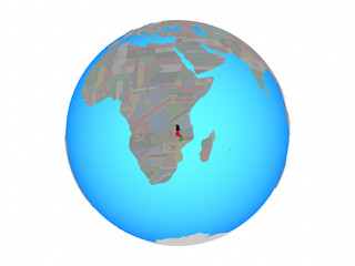 Malawi with national flag on blue political globe. 3D illustration isolated on white background.