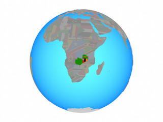 Zambia with national flag on blue political globe. 3D illustration isolated on white background.