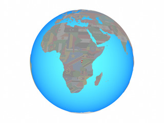 Burundi with national flag on blue political globe. 3D illustration isolated on white background.