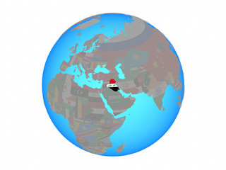 Iraq with national flag on blue political globe. 3D illustration isolated on white background.