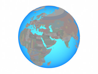 Kuwait with national flag on blue political globe. 3D illustration isolated on white background.
