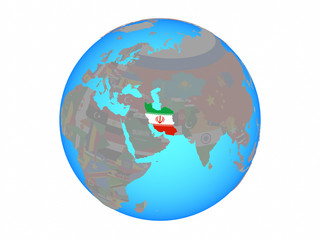 Iran with national flag on blue political globe. 3D illustration isolated on white background.