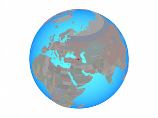 Armenia with national flag on blue political globe. 3D illustration isolated on white background.